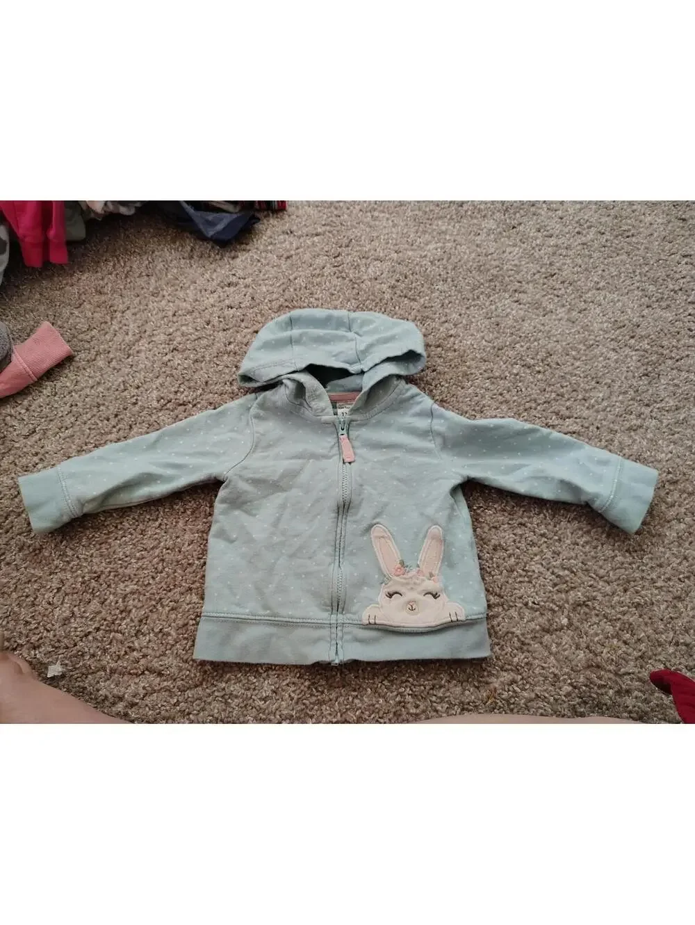 Baby Girl 12 mo polka dot sweater Hoodie blue easter bunny Carters 100% Cotton